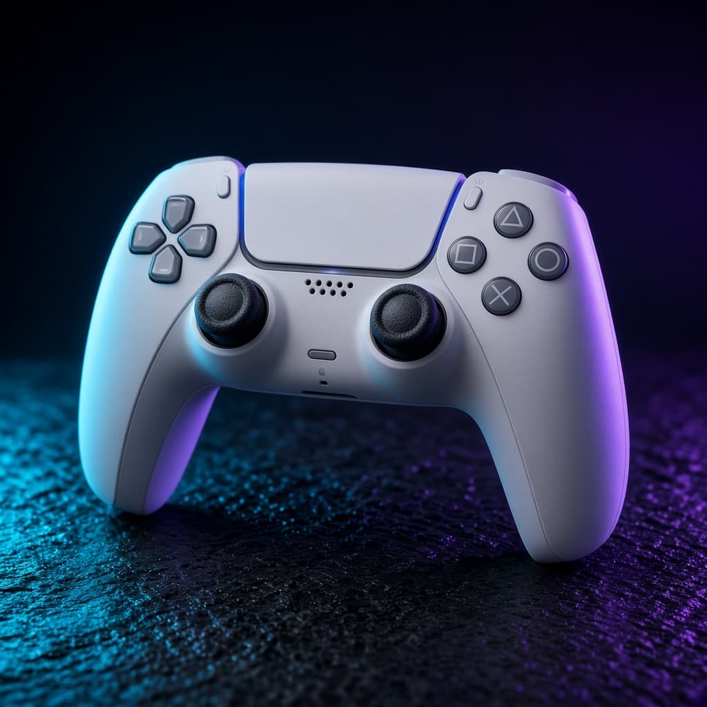 A controller lit in cyan and purple