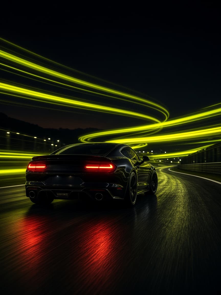 A car on a track with lime light trails
