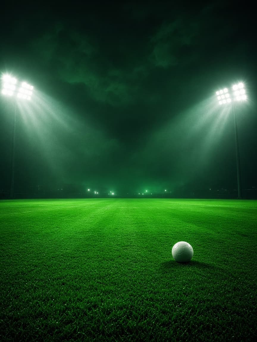 A football on a green floodlit pitch