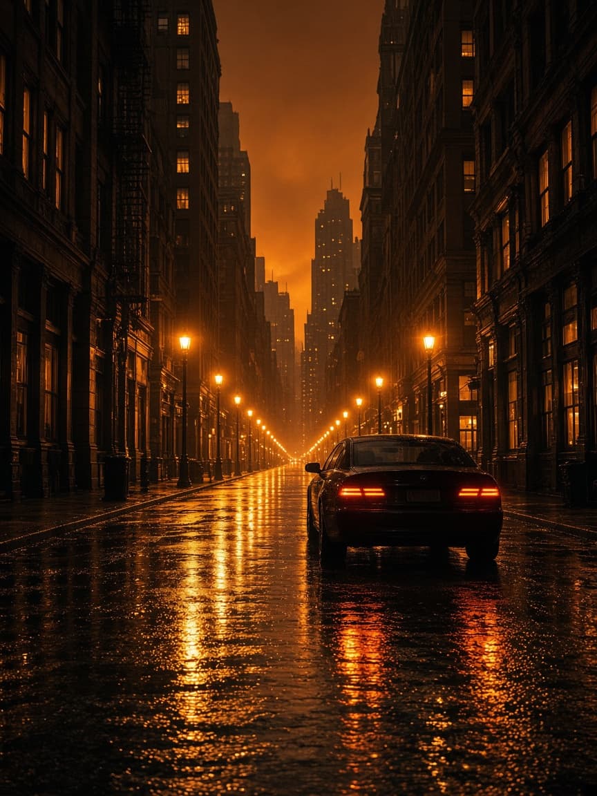 A car on an amber night street