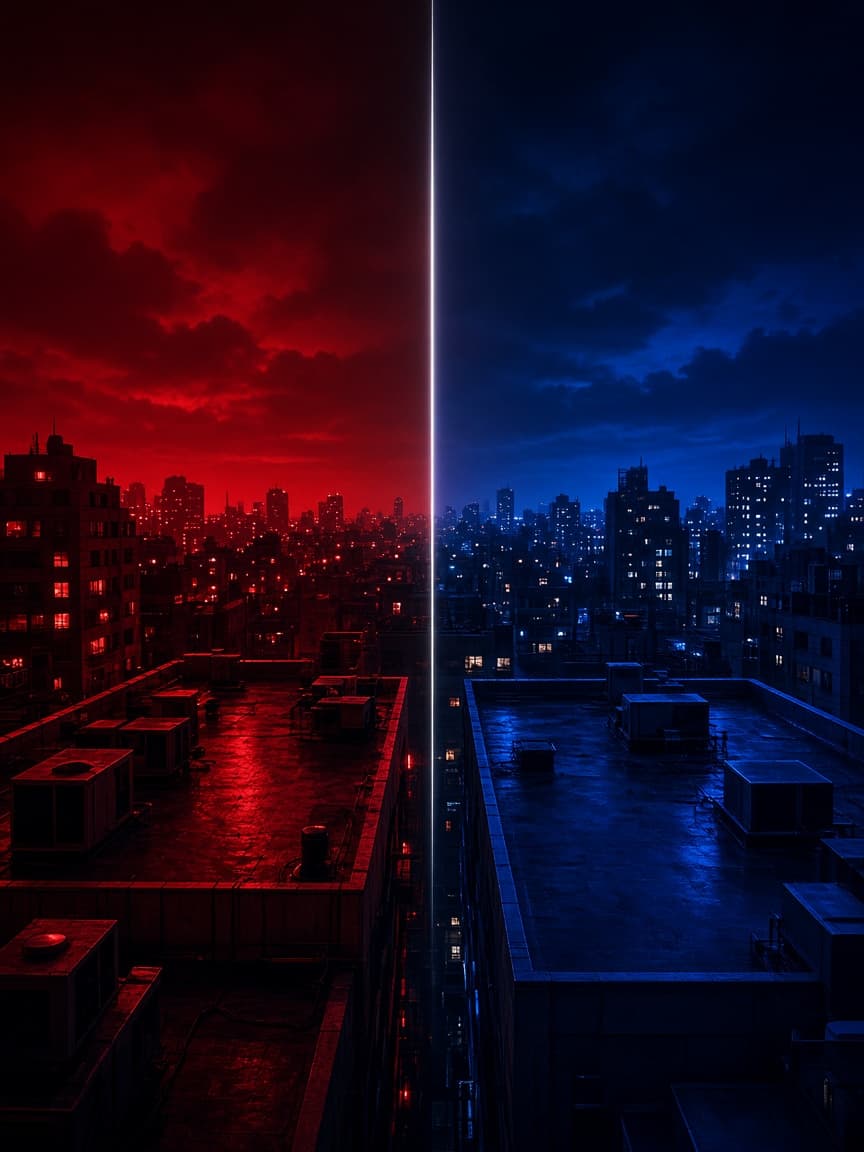A city split between red light and blue light