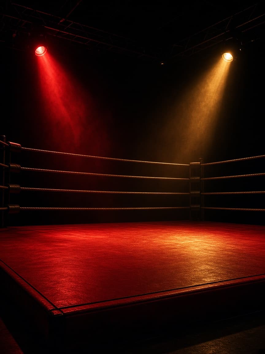 A wrestling ring under red and gold lights