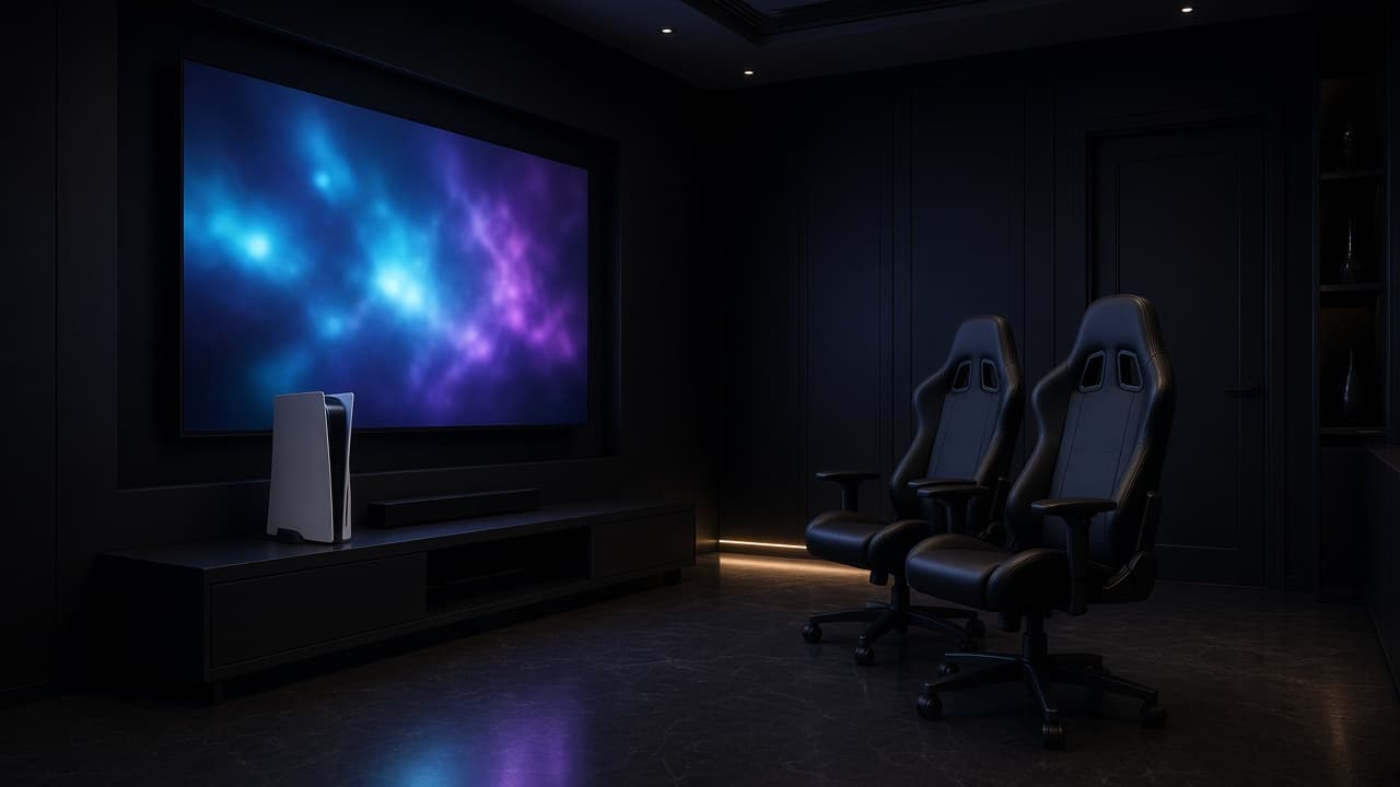 Private gaming room with a PlayStation 5, a large screen, and two chairs